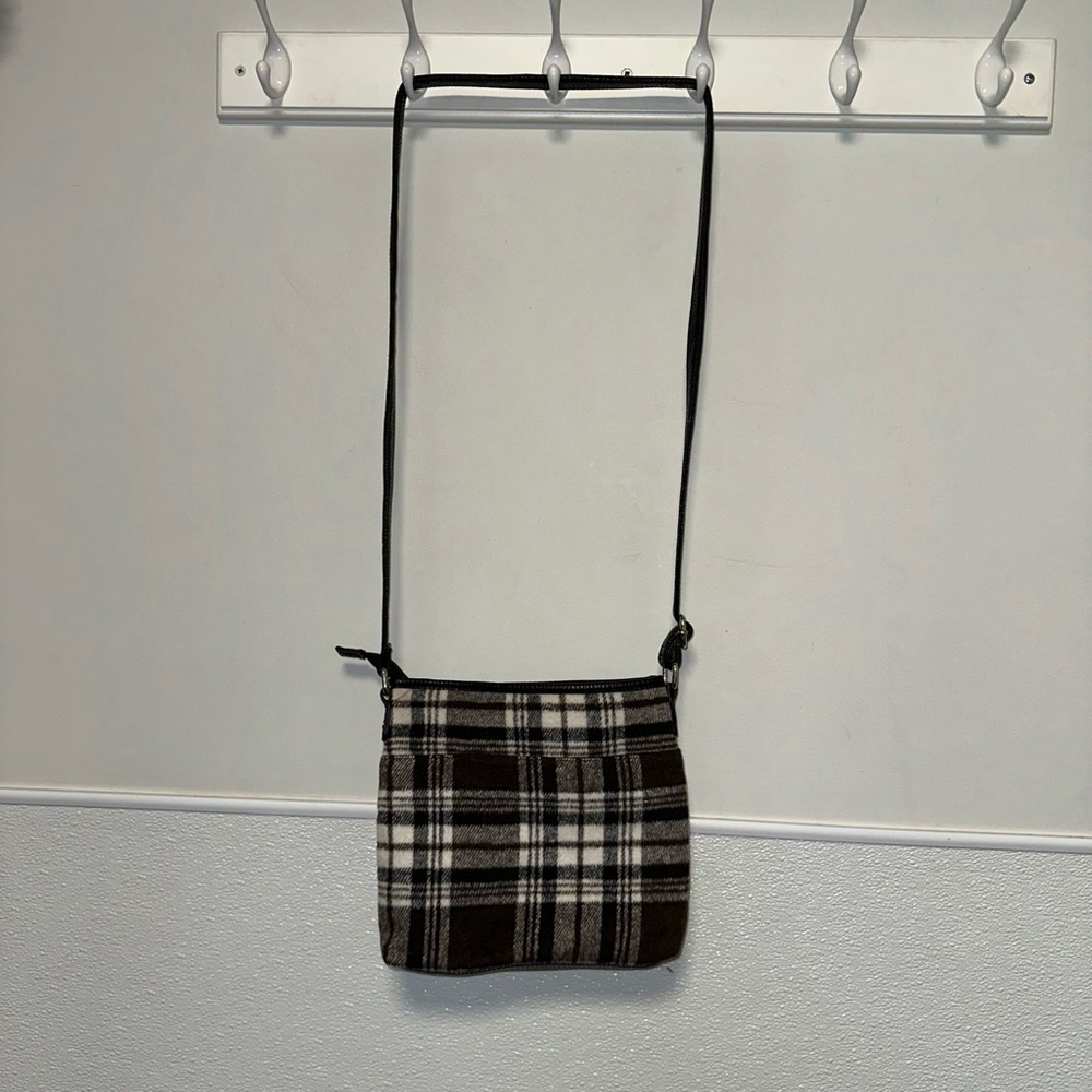 Black,White,Brown plaid crossbody bag with a zipper pocket inside zipper pocket - Picture 6 of 6